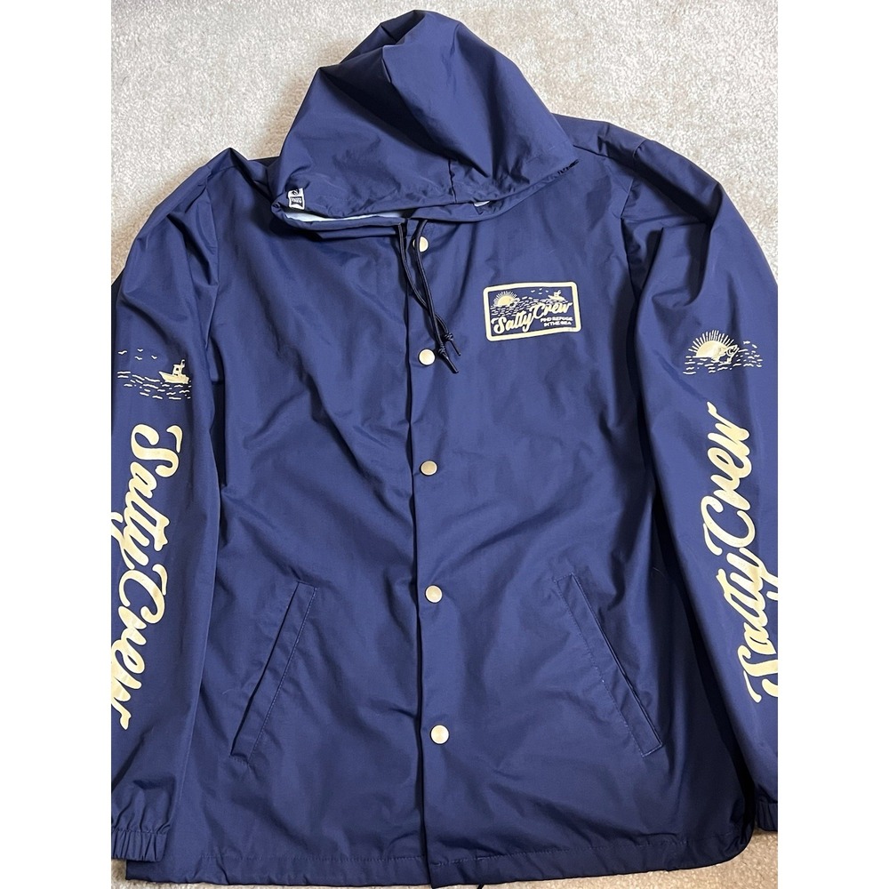 Salty Crew Hooded Windbreaker Jacket Blue Waterproof Nylon Fishing Mens XL Snap‎